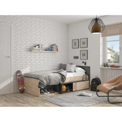 DIAGONE Bed Erquy - Opbergvakken - 90x200cm - Zwart/Eikenkleur