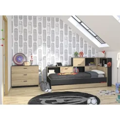 DIAGONE Bed Erwan - Opbergruimte - 90x200cm - Zwart/Kastanjekleur