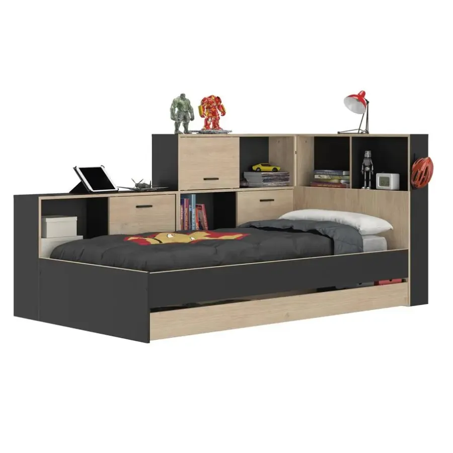 DIAGONE Bed Erwan - Opbergruimte - 90x200cm - Zwart/Kastanjekleur