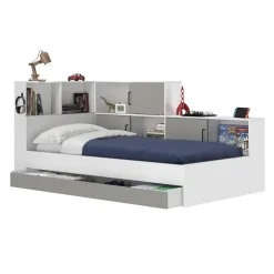 Kinderbedden-DIAGONE Bed Erwan - Opbergruimte - 90x200cm - Grijs/Wit