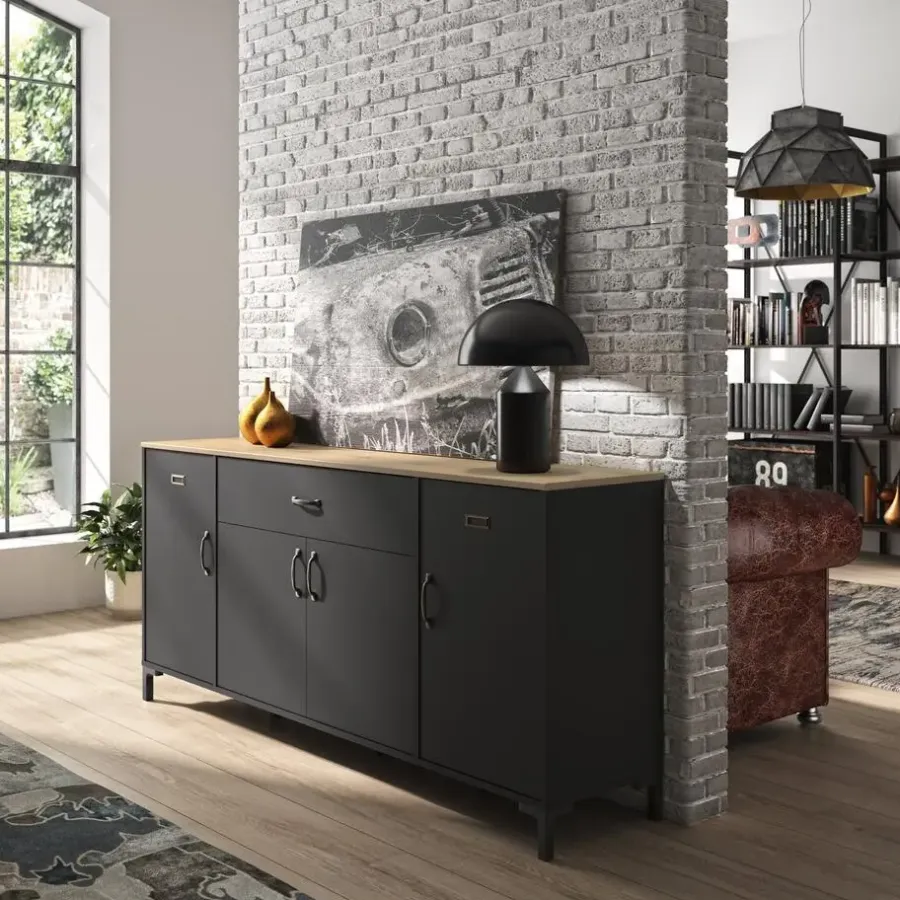 Dressoirs-DIAGONE Dressoir Manchester - 82x40x180cm - Zwart/Eikenkleur
