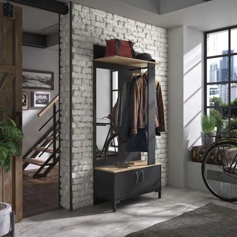 Kapstokken-DIAGONE Entreekast Store - Incl stang en spiegel - 190 cm hoog - Zwart