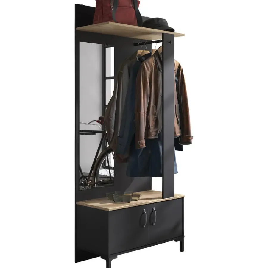 Kapstokken-DIAGONE Entreekast Store - Incl stang en spiegel - 190 cm hoog - Zwart