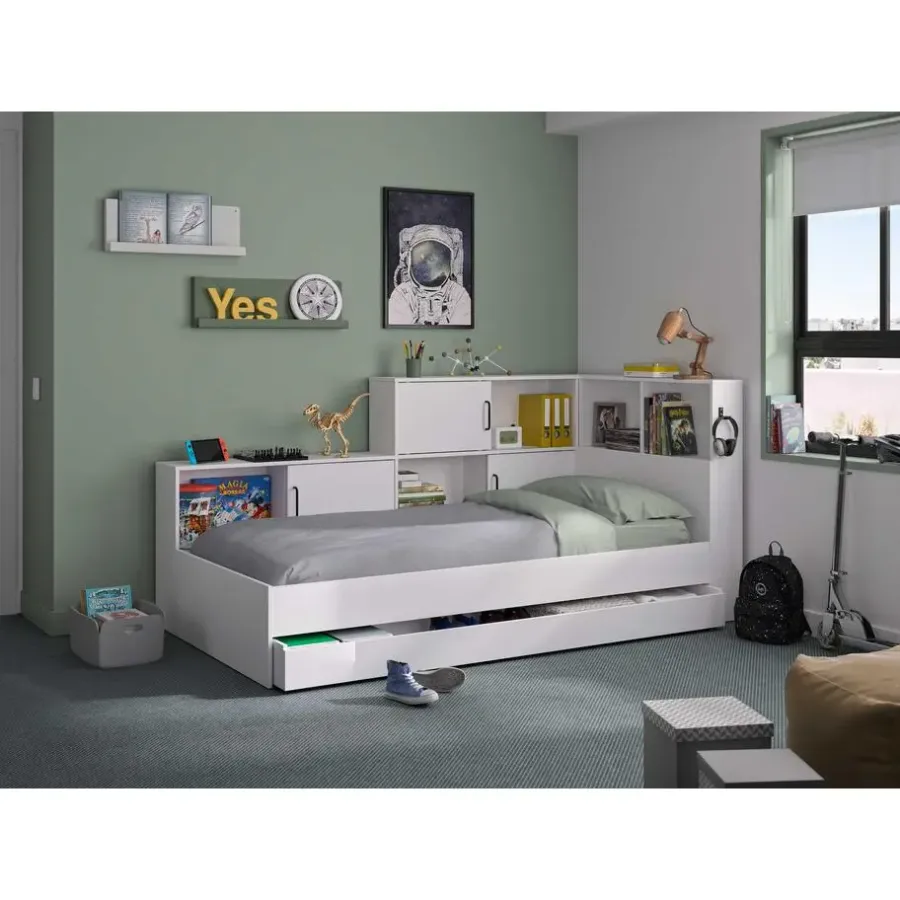 1-Persoons Bedden-DIAGONE Tienerbed met bedlade en opbergruimte Erwan - 90 x 200 cm - Wit