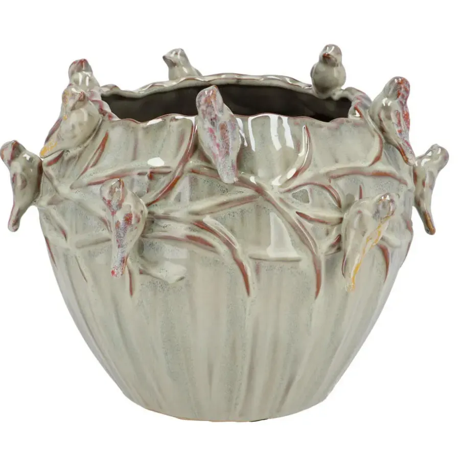 DK Design Bloempot/plantenpot Vogels - mosgroen - D26 x H20 cm