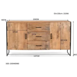 Livingfurn Dressoir Naturel Mangohout - Metaal - 150x40x80cm - Elin