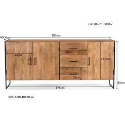Dressoirs-Livingfurn Dressoir Naturel Mangohout - Metaal - 180x40x80cm - Elin