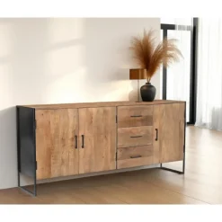 Dressoirs-Livingfurn Dressoir Naturel Mangohout - Metaal - 180x40x80cm - Elin