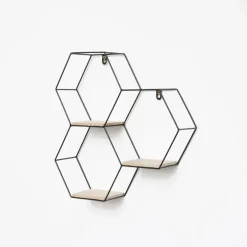 Wandrekken-IVOL Driedubbel zeshoekig metalen wandrek met 3 houten plankjes - 40,5x41 cm - Zwart