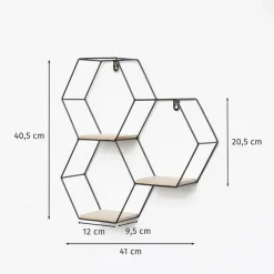 Wandrekken-IVOL Driedubbel zeshoekig metalen wandrek met 3 houten plankjes - 40,5x41 cm - Zwart