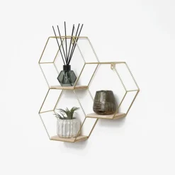 IVOL Driedubbel zeshoekig metalen wandrek met 3 houten plankjes - 40,5x41 cm - Goud