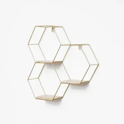 IVOL Driedubbel zeshoekig metalen wandrek met 3 houten plankjes - 40,5x41 cm - Goud