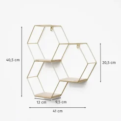 IVOL Driedubbel zeshoekig metalen wandrek met 3 houten plankjes - 40,5x41 cm - Goud