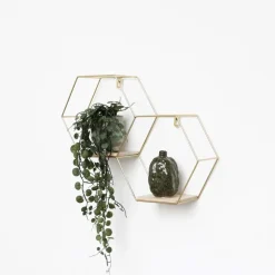 Wandrekken-IVOL Dubbel zeshoekig metalen wandrek met 2 houten plankjes - 30,5x41 cm - Goud