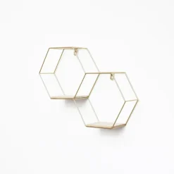 Wandrekken-IVOL Dubbel zeshoekig metalen wandrek met 2 houten plankjes - 30,5x41 cm - Goud