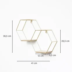 Wandrekken-IVOL Dubbel zeshoekig metalen wandrek met 2 houten plankjes - 30,5x41 cm - Goud