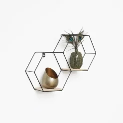 IVOL Dubbel zeshoekig metalen wandrek met 2 houten plankjes - 30,5x41 cm - Zwart