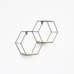 IVOL Dubbel zeshoekig metalen wandrek met 2 houten plankjes - 30,5x41 cm - Zwart