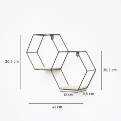 IVOL Dubbel zeshoekig metalen wandrek met 2 houten plankjes - 30,5x41 cm - Zwart