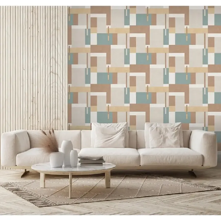 Behang-Dutch Wallcoverings - Arty Blocks grijs/beige/blauwgroen -0,53x10,05m