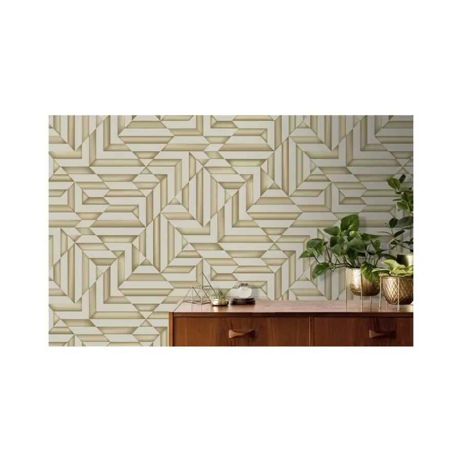 Behang-Dutch Wallcoverings - Galactik ruit/streep beige/goud - 0,53x10,05m