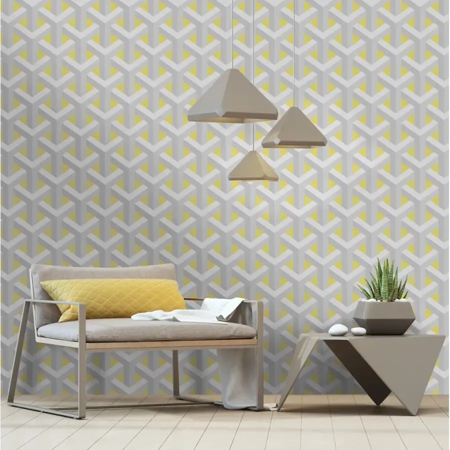 Behang-Dutch Wallcoverings - Indulgence Trident geo grey/yellow -0,53x10,05m