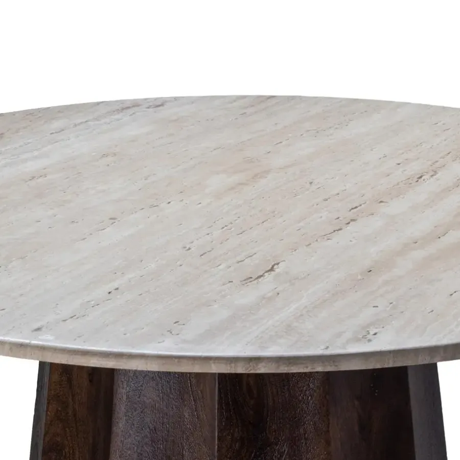 Giga Meubel Eettafel Ø120cm - Wit Travertin Blad - Bruin Onderstel