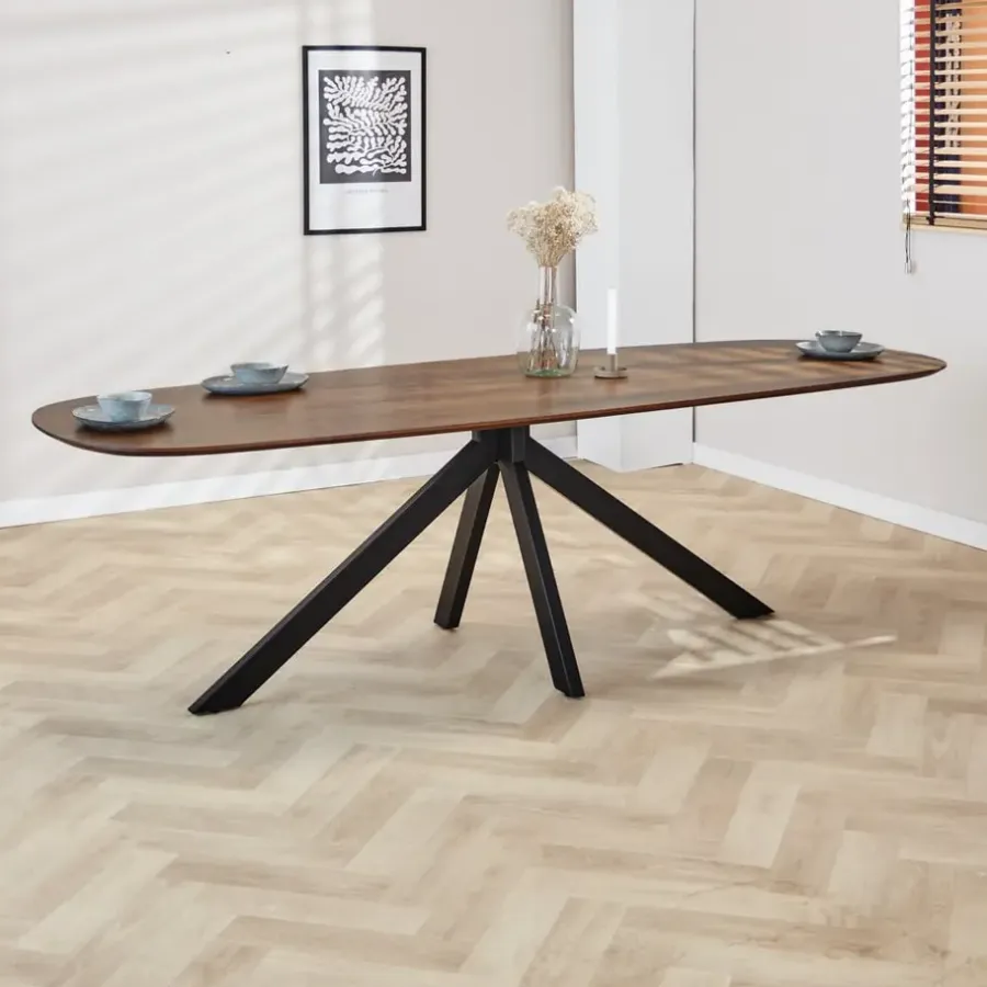 Industriële Eettafels-Dimehouse Eettafel deens ovaal Paris walnoot finish 240x100 cm - Hout - Bruin
