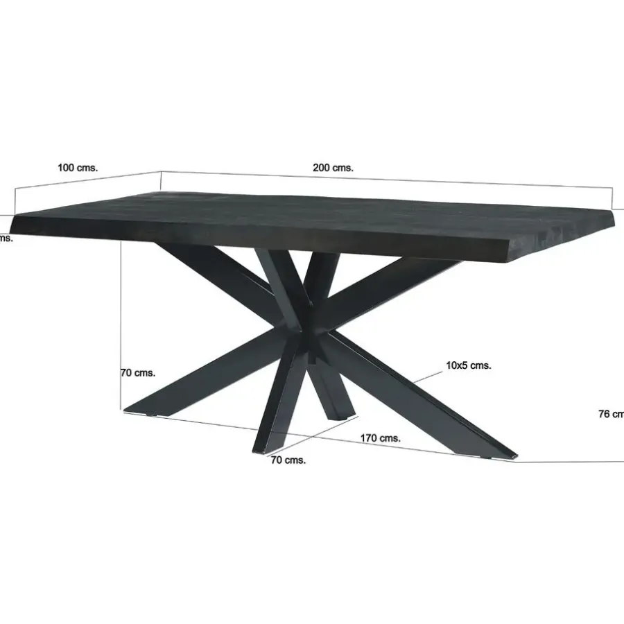 Rechthoekige Eettafels|Industriële Eettafels-Livingfurn Eettafel Rechthoek 200cm - Zwart Mangohout - 4-6 personen - Norris