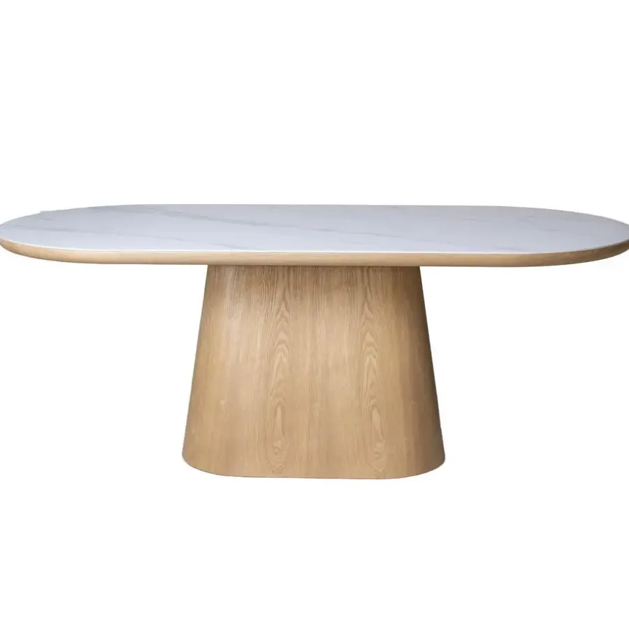 Ovale Eettafels-Giga Meubel Eettafel Wit Keramiek/Naturel - 200x90x77cm - Alba