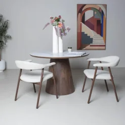 Ronde Eettafels-Giga Meubel Eettafel Wit Keramiek/Walnoot - Ø115x77cm - Alba