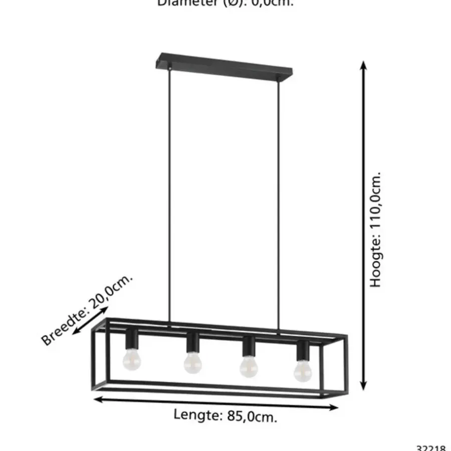 EGLO Eldrick Hanglamp - 4xE27 - 85 cm - industrieel - Staal - Zwart