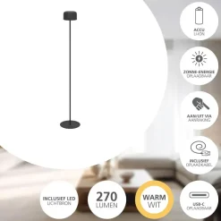 EGLO Roccanova-L Vloerlamp - Solar - 120 cm - Zwart - Oplaadbaar
