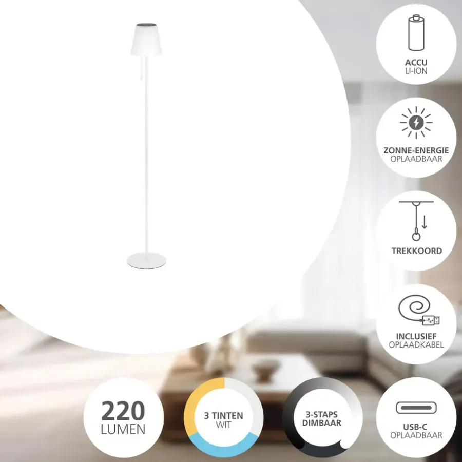 EGLO Scordiano-L Vloerlamp - Solar - 120 cm - Wit - Oplaadbaar