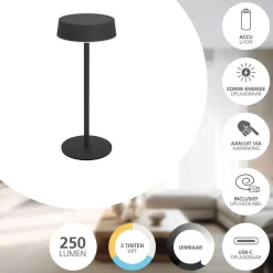 EGLO Simeri Tafellamp Buiten - Solar - 31 cm - Zwart - Oplaadbaar