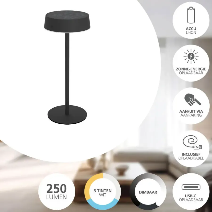 EGLO Simeri Tafellamp Buiten - Solar - 31 cm - Zwart - Oplaadbaar