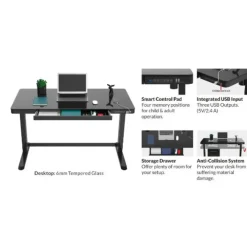 Zit-Sta-Bureaus-Euroseats Elektrisch verstelbaar bureau / thuiswerkplek - 120x60 cm - Glas zwart