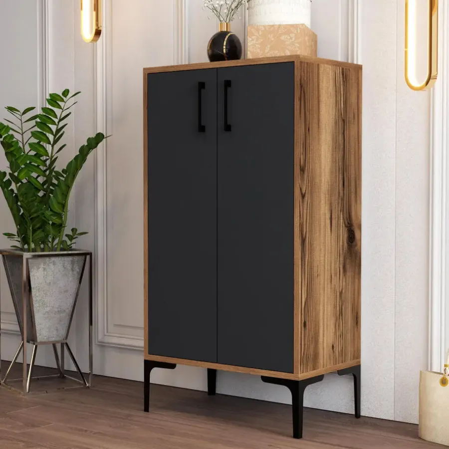 Wandkasten-Emob Woody Modieus Schoenenkastje - 100% Melamine - Metalen Poot - Noten