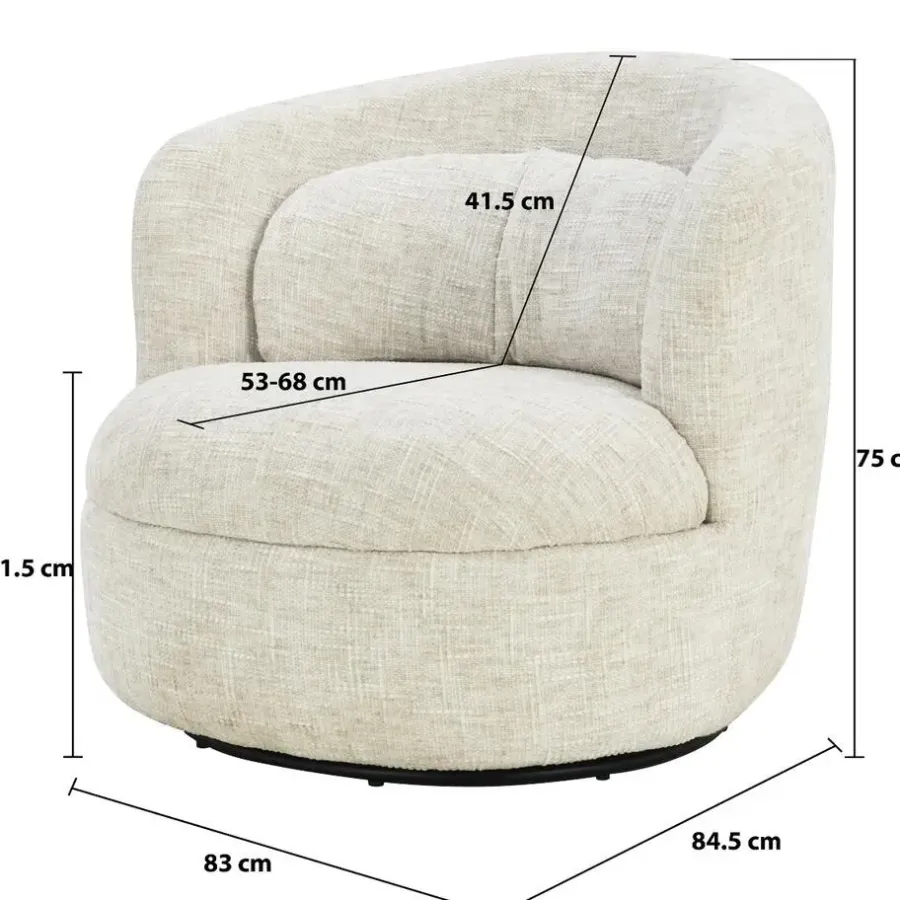 Livingfurn Fauteuil Crème Stof/Staal - Draaibaar - 85x84x76cm - Britt