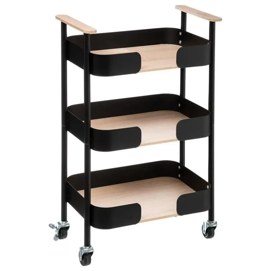 Trolleys-5five Keukentrolley/kast - zwart - metaal/hout - 75 x 46 x 29 cm - 3 niveaus - B