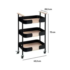 Trolleys-5five Keukentrolley/kast - zwart - metaal/hout - 75 x 46 x 29 cm - 3 niveaus - B