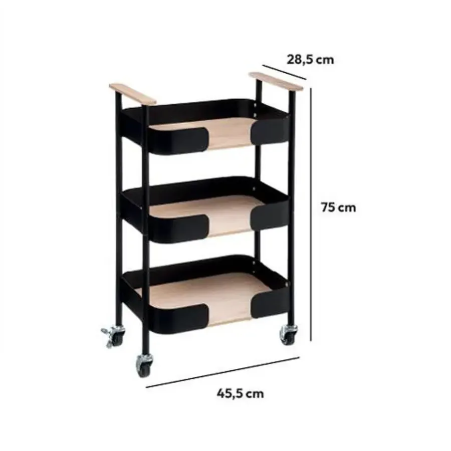 Trolleys-5five Keukentrolley/kast - zwart - metaal/hout - 75 x 46 x 29 cm - 3 niveaus - B