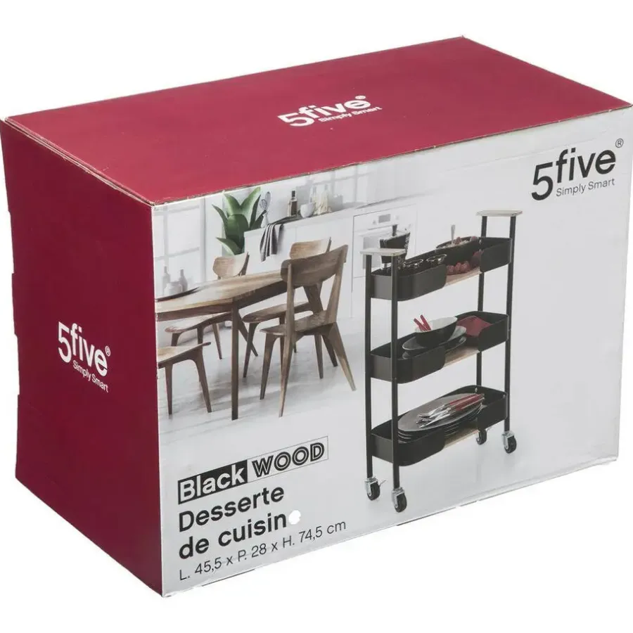 Trolleys-5five Keukentrolley/kast - zwart - metaal/hout - 75 x 46 x 29 cm - 3 niveaus - B