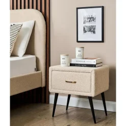 Nachtkastjes|Nachtkastjes-Beliani FLAYAT - Nachtkastje - Beige - Bouclé