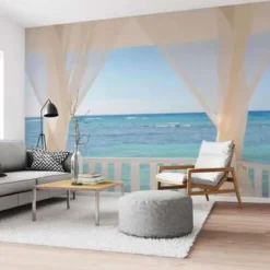 Behang-Reinders Fotobehang Balkon met zeezicht - 260 x 384cm - Blauw