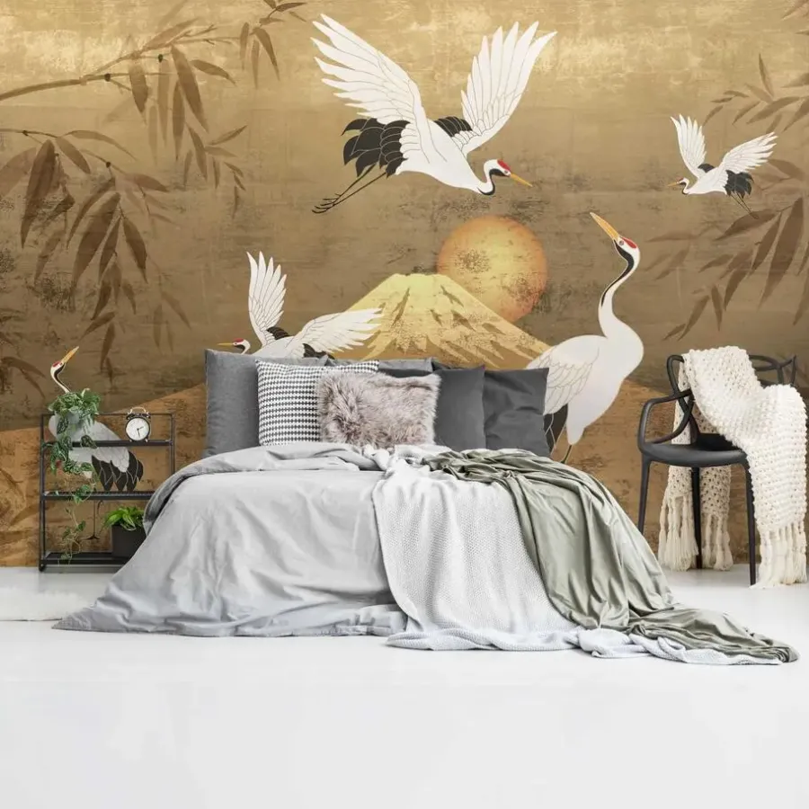 Behang-Reinders Fotobehang Kraanvogels - 260 x 384cm - Goudkleurig