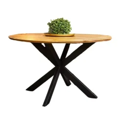 Industriële Eettafels|Ronde Eettafels-Furndea Brixon eettafel industrieel rond mangohout 77xØ140 cm