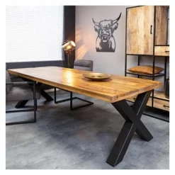 Rechthoekige Eettafels|Industriële Eettafels-Furndea Eettafel Morada industrieel rechthoek X poot mangohout 240x100x76cm