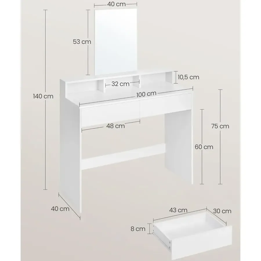 Furnihaus Kaptafel met rechthoekige spiegel en 2 lades, cosmetische tafel