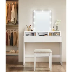 Kaptafels-Furnihaus Witte Kaptafel met Led - 2 lades en 3 open vakken - Wit